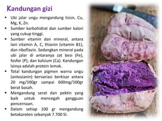  Ubi jalar ungu mengandung lisisn, Cu,
Mg, K, Zn.
 Sumber karbohidrat dan sumber kalori
yang cukup tinggi.
 Sumber vitamin dan mineral, antara
lani vitamin A, C, thianin (vitamin B1),
dan riboflavin. Sedangkan mineral pada
ubi jalar di antaranya zat besi (Fe),
fosfor (P), dan kalsium (Ca). Kandungan
lainya adalah protein lemak.
 Total kandungan pigmen warna ungu
(antosianin) bervariasi berkisar antara
20 mg/100gr sampai 600mg/100gr
berat basah.
 Mengandung serat dan pektin yang
baik untuk mencegah gangguan
pencernaan.
 Dalam setiap 100 gr mengandung
betakaroten sebanyak 7.700 SI.
Kandungan gizi
 
