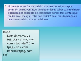 •   Un vendedor recibe un sueldo base mas un 10% extra por
     comisión de sus ventas, el vendedor desea saber cuanto dinero
     obtendrá por concepto de comisiones por las tres ventas que
     realiza en el mes y el total que recibirá en el mes tomando en
     cuenta su sueldo base y comisiones.



Inicio
    Leer sb, v1, v2, v3
    tot_vta = v1 + v2 + v3
    com = tot_vta * 0.10
    tpag = sb + com
    Imprimir tpag, com
Fin
 
