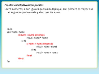 Problemas Selectivos Compuestos
Leer 2 números; si son iguales que los multiplique, si el primero es mayor que
   el segundo que los reste y si no que los sume.




  Inicio
  Leer num1, num2
            si num1 = num2 entonces
                      resul = num1 * num2
                si no
                      si num1 > num2 entonces
                                 resul = num1 - num2
                           si no
                                 resul = num1 + num2
                      fin-si
            fin-si
  fin
 