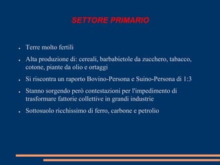 SETTORE PRIMARIO 
● Terre molto fertili 
● Alta produzione di: cereali, barbabietole da zucchero, tabacco, 
cotone, piante da olio e ortaggi 
● Si riscontra un raporto Bovino-Persona e Suino-Persona di 1:3 
● Stanno sorgendo però contestazioni per l'impedimento di 
trasformare fattorie collettive in grandi industrie 
● Sottosuolo ricchissimo di ferro, carbone e petrolio 
 