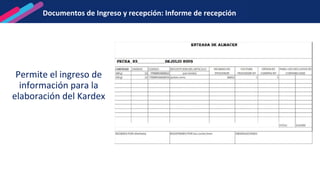 Documentos de Ingreso y recepción: Informe de recepción
Permite el ingreso de
información para la
elaboración del Kardex
 