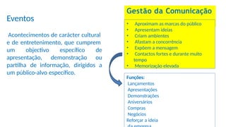 Gestão da Comunicação
Eventos
Acontecimentos de carácter cultural
e de entretenimento, que cumprem
um objectivo
apresentação,
específico de
demonstração ou
partilha de informação, dirigidos a
um público-alvo específico.
• Aproximam as marcas do público
• Apresentam ideias
• Criam ambientes
• Afastam a concorrência
• Expõem a mensagem
• Contactos fortes e durante muito
tempo
• Memorização elevada
Funções:
Lançamentos
Apresentações
Demonstrações
Aniversários
Compras
Negócios
Reforçar a ideia
 