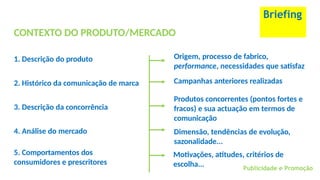 Briefing
CONTEXTO DO PRODUTO/MERCADO
1. Descrição do produto Origem, processo de fabrico,
performance, necessidades que satisfaz
Publicidade e Promoção
2. Histórico da comunicação de marca Campanhas anteriores realizadas
3. Descrição da concorrência
Produtos concorrentes (pontos fortes e
fracos) e sua actuação em termos de
comunicação
Dimensão, tendências de evolução,
sazonalidade...
Motivações, atitudes, critérios de
escolha...
4. Análise do mercado
5. Comportamentos dos
consumidores e prescritores
 