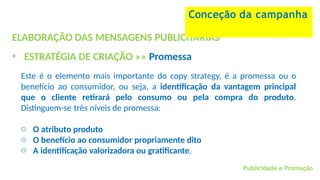 Publicidade e Promoção
ELABORAÇÃO DAS MENSAGENS PUBLICITÁRIAS
• ESTRATÉGIA DE CRIAÇÃO »» Promessa
Este é o elemento mais importante do copy strategy, é a promessa ou o
benefício ao consumidor, ou seja, a identificação da vantagem principal
que o cliente retirará pelo consumo ou pela compra do produto.
Distinguem-se três níveis de promessa:
o O atributo produto
o O benefício ao consumidor propriamente dito
o A identificação valorizadora ou gratificante.
Conceção da campanha
 