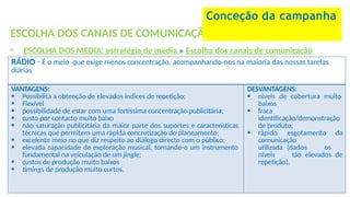 ESCOLHA DOS CANAIS DE COMUNICAÇÃO
• ESCOLHA DOS MEDIA: estratégia de media » Escolha dos canais de comunicação
Conceção da campanha
RÁDIO - É o meio que exige menos concentração, acompanhando-nos na maioria das nossas tarefas
diárias
VANTAGENS:
 Possibilita a obtenção de elevados índices de repetição;
 Flexível
 possibilidade de estar com uma fortíssima concentração publicitária;
 custo por contacto muito baixo
 não saturação publicitária da maior parte dos suportes e características
técnicas que permitem uma rápida concretização do planeamento;
 excelente meio no que diz respeito ao diálogo directo com o público;
 elevada capacidade de exploração musical, tornando-o um instrumento
fundamental na veiculação de um jingle;
 custos de produção muito baixos
 timings de produção muito curtos.
DESVANTAGENS:
 níveis de cobertura muito
baixos
 fraca
identificação/demonstração
de produto;
 rápido esgotamento da
comunicação
utilizada (dados os
níveis tão elevados de
repetição).
 