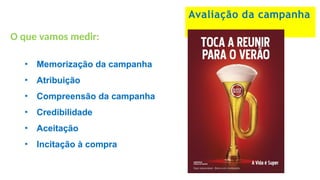 O que vamos medir:
• Memorização da campanha
• Atribuição
• Compreensão da campanha
• Credibilidade
• Aceitação
• Incitação à compra
Avaliação da campanha
 