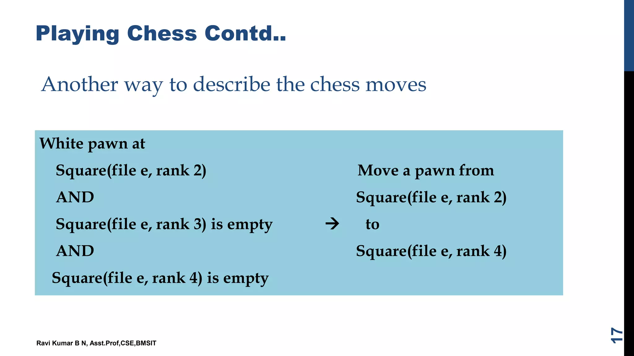 Playing Chess Contd..
Another way to describe the chess moves
White pawn at
Square(file e, rank 2) Move a pawn from
AND Square(file e, rank 2)
Square(file e, rank 3) is empty  to
AND Square(file e, rank 4)
Square(file e, rank 4) is empty
Ravi Kumar B N, Asst.Prof,CSE,BMSIT
17
 