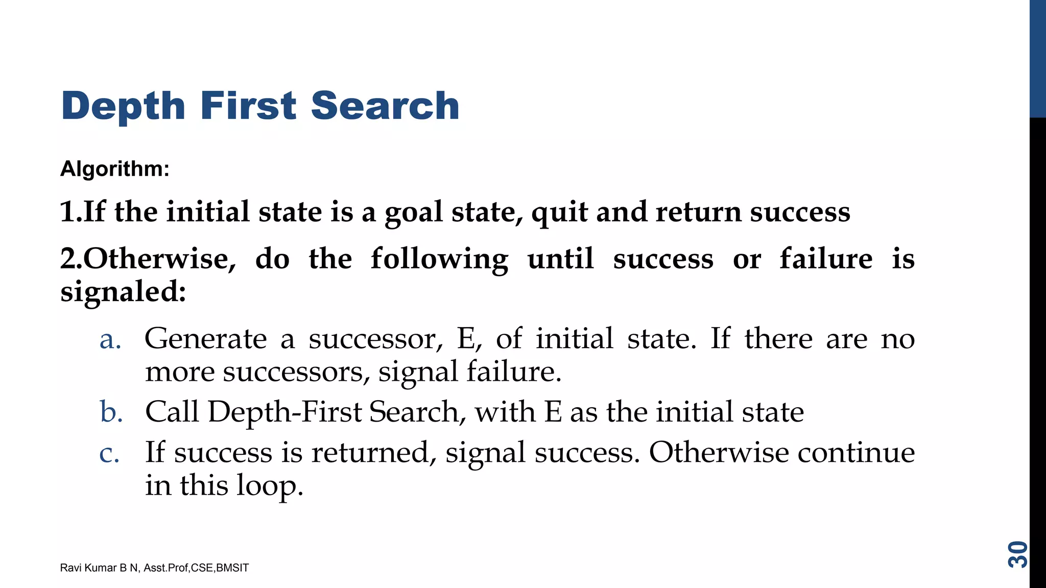 Depth First Search
Algorithm:
1.If the initial state is a goal state, quit and return success
2.Otherwise, do the following until success or failure is
signaled:
a. Generate a successor, E, of initial state. If there are no
more successors, signal failure.
b. Call Depth-First Search, with E as the initial state
c. If success is returned, signal success. Otherwise continue
in this loop.
Ravi Kumar B N, Asst.Prof,CSE,BMSIT
30
 