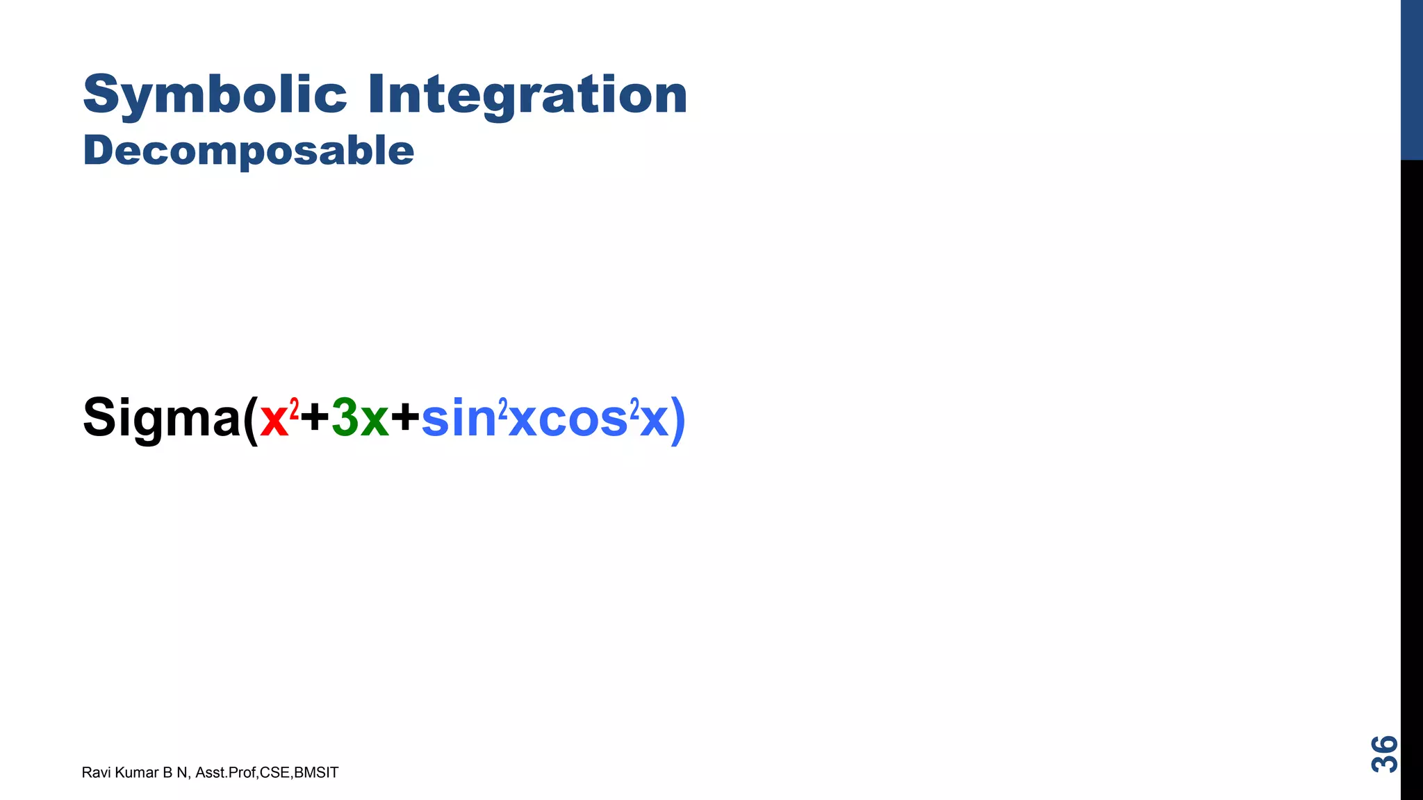 Symbolic Integration
Decomposable
Sigma(x2
+3x+sin2
xcos2
x)
Ravi Kumar B N, Asst.Prof,CSE,BMSIT
36
 