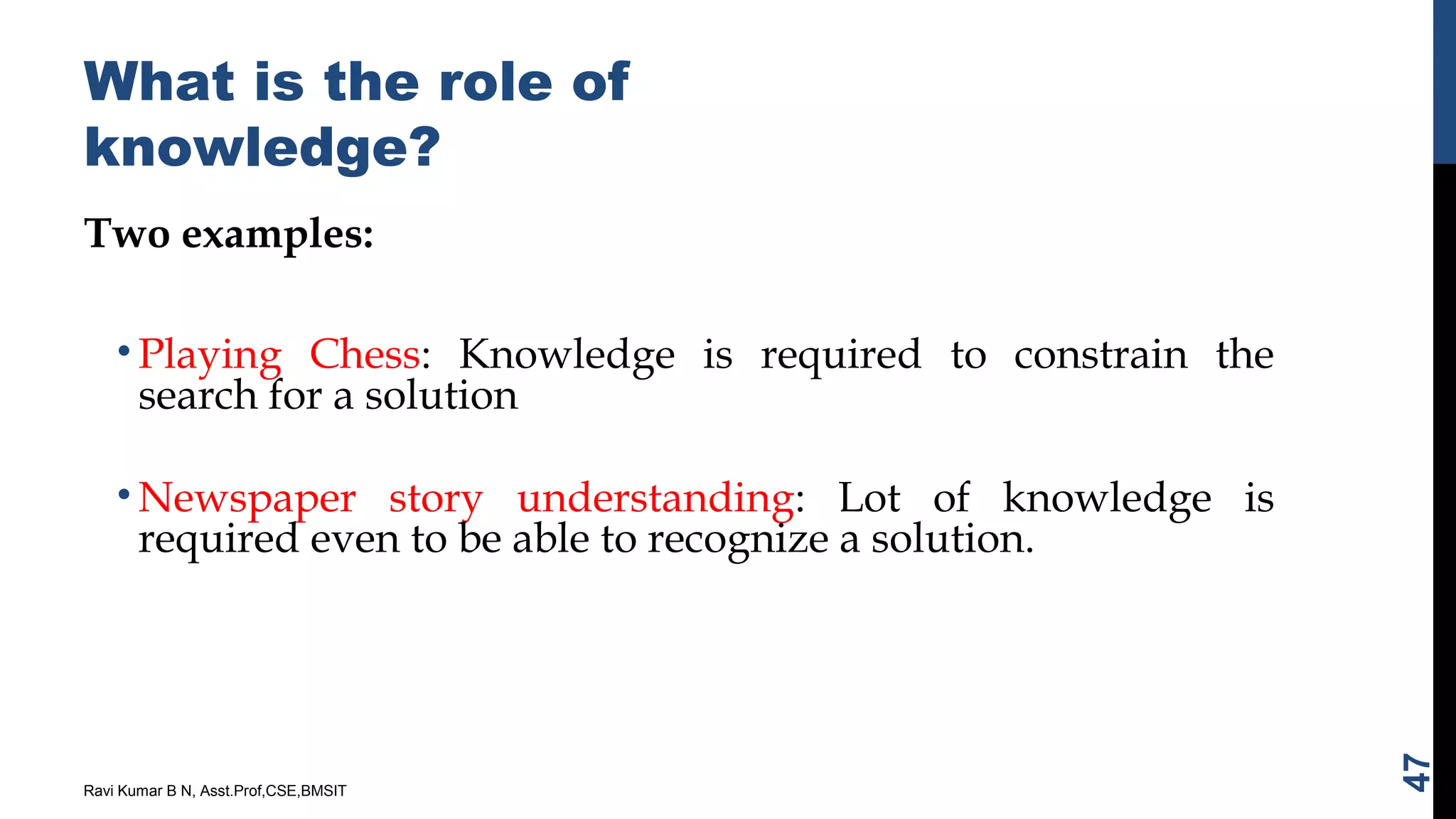 What is the role of
knowledge?
Two examples:
• Playing Chess: Knowledge is required to constrain the
search for a solution
• Newspaper story understanding: Lot of knowledge is
required even to be able to recognize a solution.
Ravi Kumar B N, Asst.Prof,CSE,BMSIT
47
 