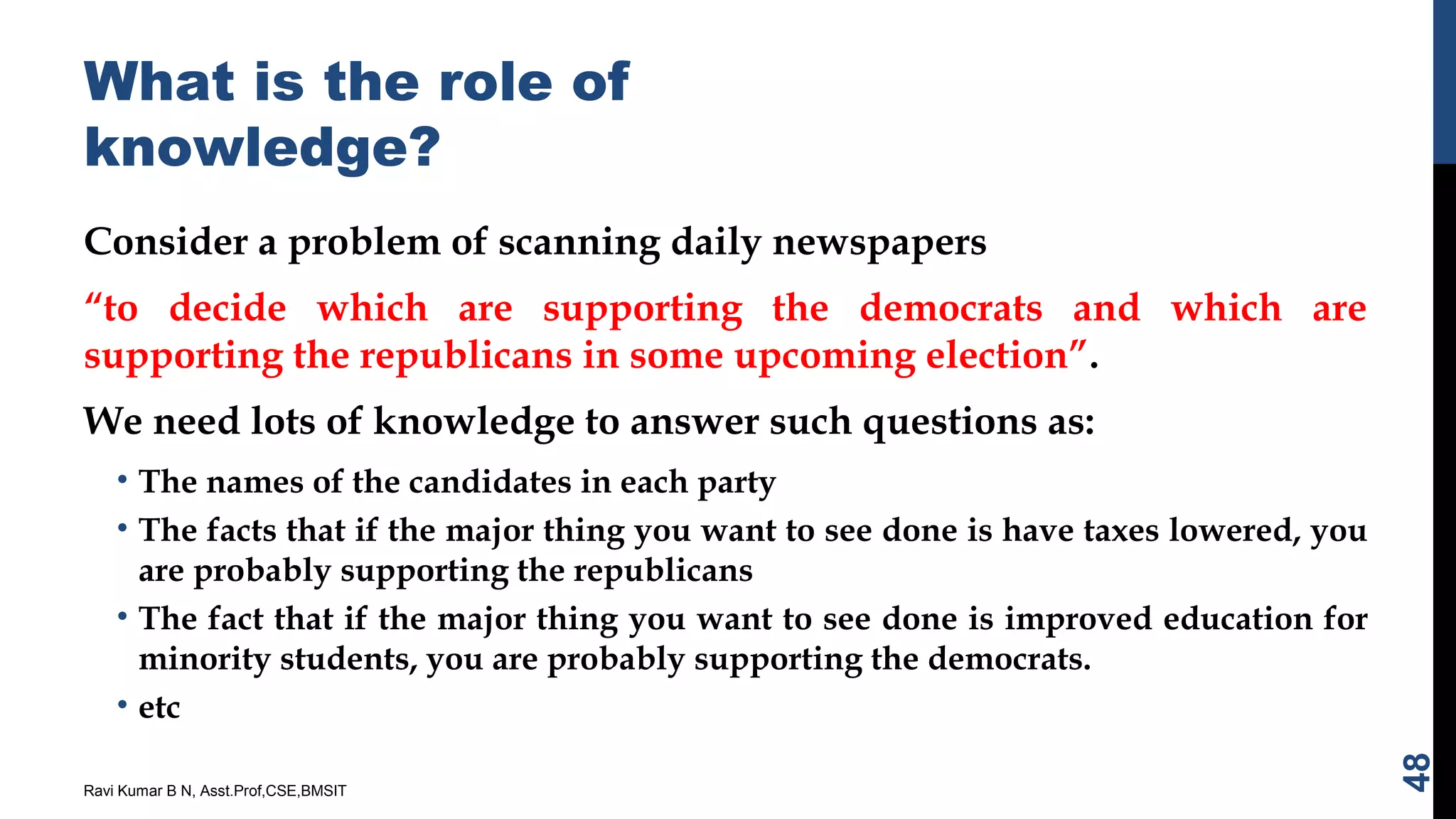 What is the role of
knowledge?
Consider a problem of scanning daily newspapers
“to decide which are supporting the democrats and which are
supporting the republicans in some upcoming election”.
We need lots of knowledge to answer such questions as:
• The names of the candidates in each party
• The facts that if the major thing you want to see done is have taxes lowered, you
are probably supporting the republicans
• The fact that if the major thing you want to see done is improved education for
minority students, you are probably supporting the democrats.
• etc
Ravi Kumar B N, Asst.Prof,CSE,BMSIT
48
 