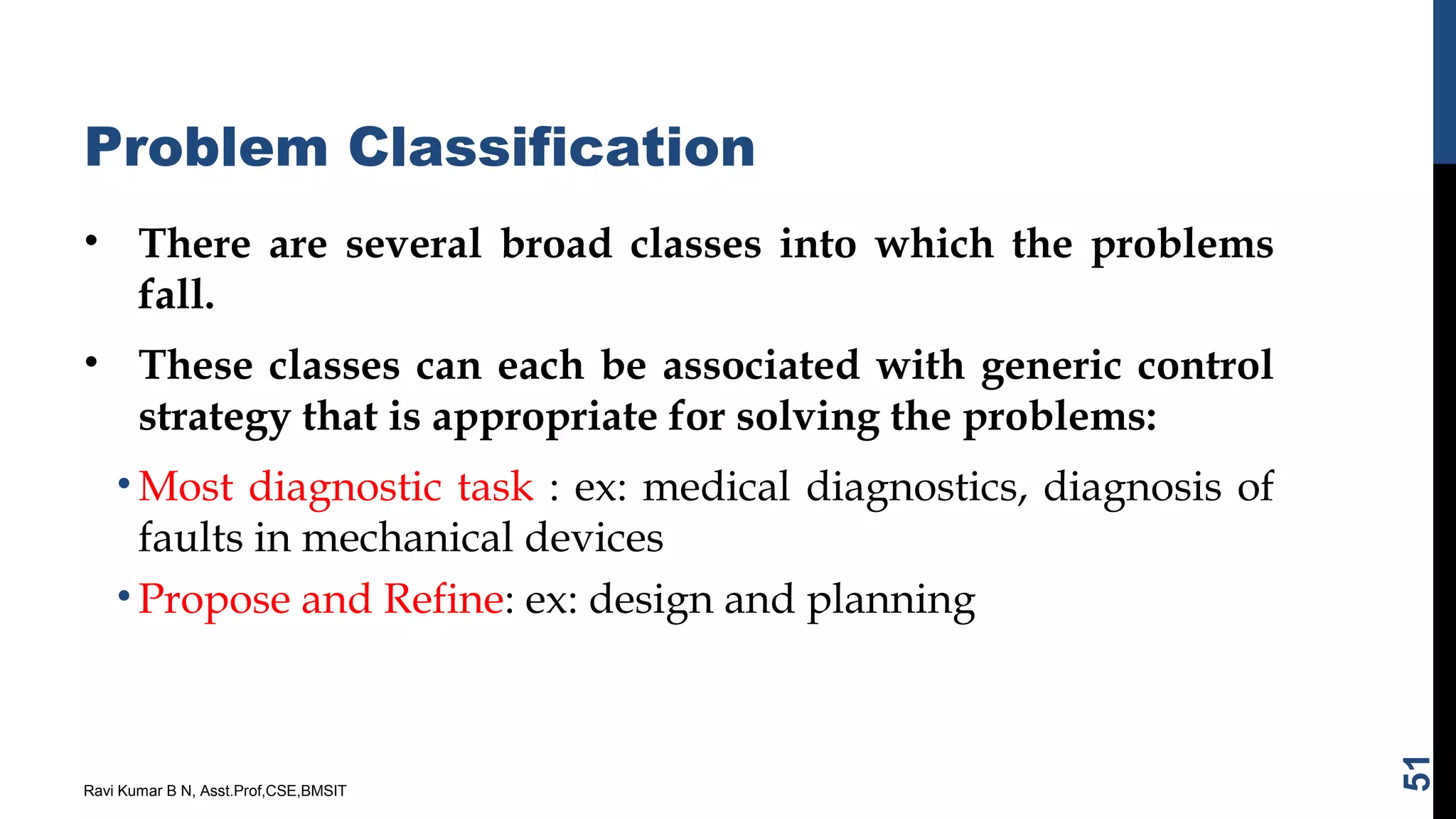 Problem Classification
• There are several broad classes into which the problems
fall.
• These classes can each be associated with generic control
strategy that is appropriate for solving the problems:
• Most diagnostic task : ex: medical diagnostics, diagnosis of
faults in mechanical devices
• Propose and Refine: ex: design and planning
Ravi Kumar B N, Asst.Prof,CSE,BMSIT
51
 