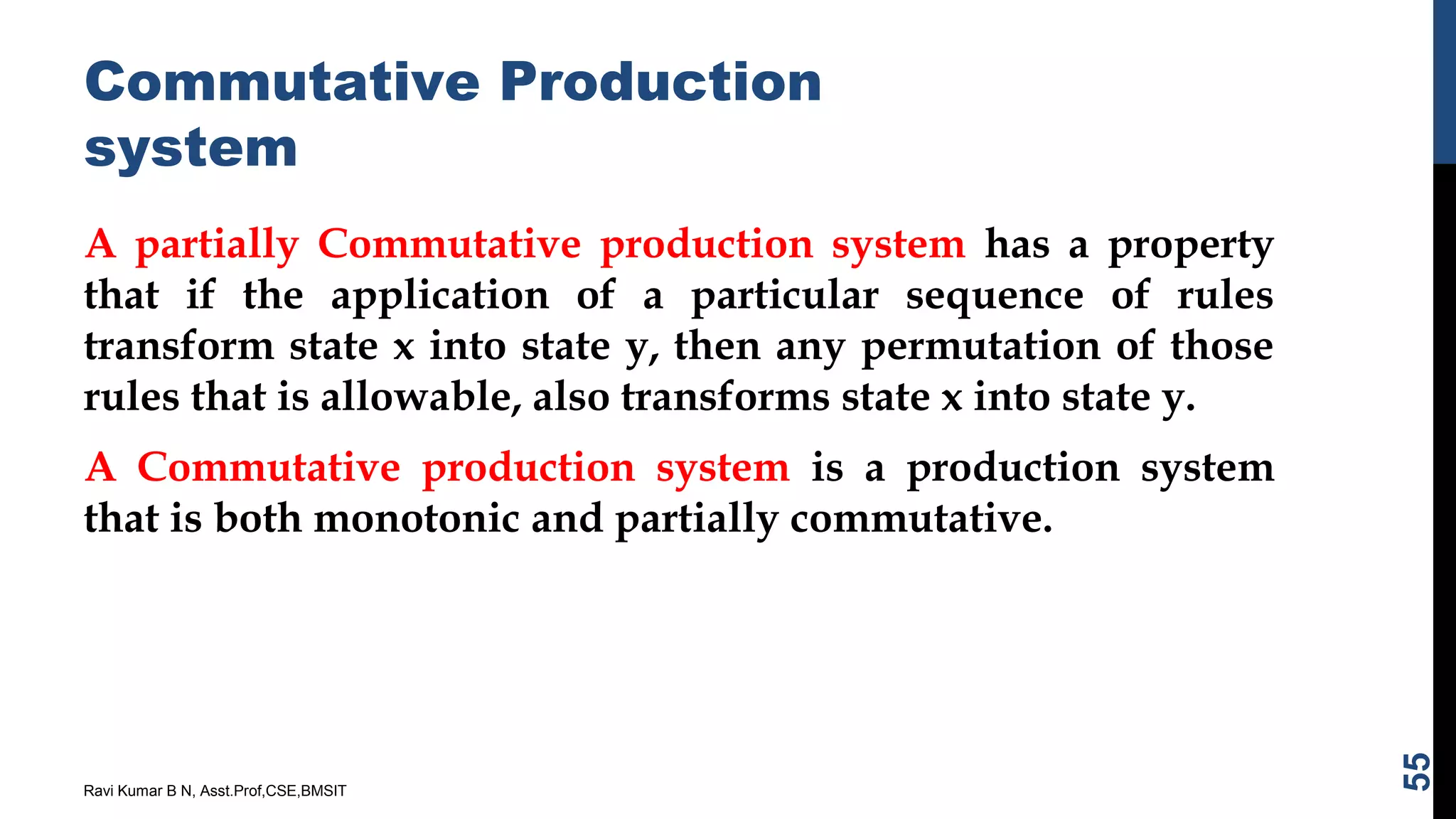 Commutative Production
system
A partially Commutative production system has a property
that if the application of a particular sequence of rules
transform state x into state y, then any permutation of those
rules that is allowable, also transforms state x into state y.
A Commutative production system is a production system
that is both monotonic and partially commutative.
Ravi Kumar B N, Asst.Prof,CSE,BMSIT
55
 