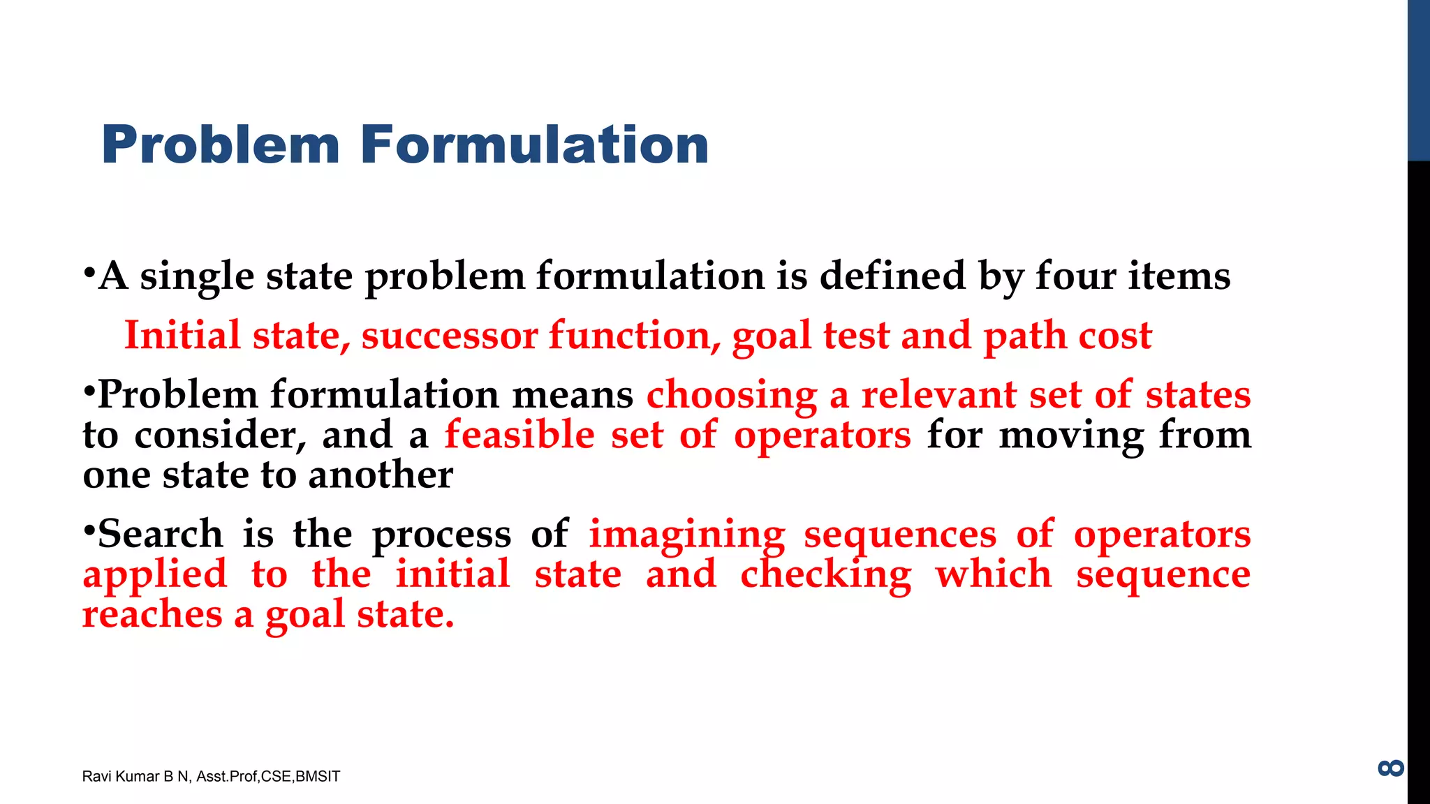 Problem Formulation
•A single state problem formulation is defined by four items
Initial state, successor function, goal test and path cost
•Problem formulation means choosing a relevant set of states
to consider, and a feasible set of operators for moving from
one state to another
•Search is the process of imagining sequences of operators
applied to the initial state and checking which sequence
reaches a goal state.
Ravi Kumar B N, Asst.Prof,CSE,BMSIT
8
 