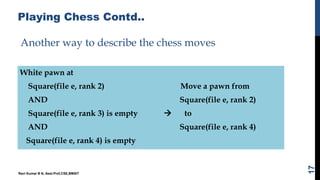 Playing Chess Contd..
Another way to describe the chess moves
White pawn at
Square(file e, rank 2) Move a pawn from
AND Square(file e, rank 2)
Square(file e, rank 3) is empty  to
AND Square(file e, rank 4)
Square(file e, rank 4) is empty
Ravi Kumar B N, Asst.Prof,CSE,BMSIT
17
 