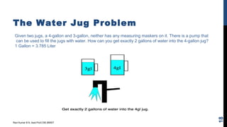 The Water Jug Problem
Ravi Kumar B N, Asst.Prof,CSE,BMSIT
18
Given two jugs, a 4-gallon and 3-gallon, neither has any measuring maskers on it. There is a pump that
can be used to fill the jugs with water. How can you get exactly 2 gallons of water into the 4-gallon jug?
1 Gallon = 3.785 Liter
 