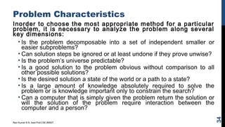 Problem Characteristics
Inorder to choose the most appropriate method for a particular
problem, it is necessary to analyze the problem along several
key dimensions:
• Is the problem decomposable into a set of independent smaller or
easier subproblems?
• Can solution steps be ignored or at least undone if they prove unwise?
• Is the problem’s universe predictable?
• Is a good solution to the problem obvious without comparison to all
other possible solutions?
• Is the desired solution a state of the world or a path to a state?
• Is a large amount of knowledge absolutely required to solve the
problem or is knowledge important only to constrain the search?
• Can a computer that is simply given the problem return the solution or
will the solution of the problem require interaction between the
computer and a person?
Ravi Kumar B N, Asst.Prof,CSE,BMSIT
34
 