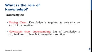 What is the role of
knowledge?
Two examples:
• Playing Chess: Knowledge is required to constrain the
search for a solution
• Newspaper story understanding: Lot of knowledge is
required even to be able to recognize a solution.
Ravi Kumar B N, Asst.Prof,CSE,BMSIT
47
 