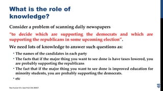 What is the role of
knowledge?
Consider a problem of scanning daily newspapers
“to decide which are supporting the democrats and which are
supporting the republicans in some upcoming election”.
We need lots of knowledge to answer such questions as:
• The names of the candidates in each party
• The facts that if the major thing you want to see done is have taxes lowered, you
are probably supporting the republicans
• The fact that if the major thing you want to see done is improved education for
minority students, you are probably supporting the democrats.
• etc
Ravi Kumar B N, Asst.Prof,CSE,BMSIT
48
 