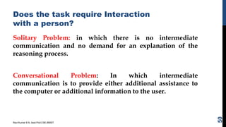 Does the task require Interaction
with a person?
Solitary Problem: in which there is no intermediate
communication and no demand for an explanation of the
reasoning process.
Conversational Problem: In which intermediate
communication is to provide either additional assistance to
the computer or additional information to the user.
Ravi Kumar B N, Asst.Prof,CSE,BMSIT
50
 