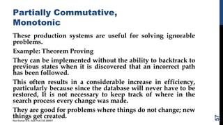 Partially Commutative,
Monotonic
These production systems are useful for solving ignorable
problems.
Example: Theorem Proving
They can be implemented without the ability to backtrack to
previous states when it is discovered that an incorrect path
has been followed.
This often results in a considerable increase in efficiency,
particularly because since the database will never have to be
restored, It is not necessary to keep track of where in the
search process every change was made.
They are good for problems where things do not change; new
things get created.
Ravi Kumar B N, Asst.Prof,CSE,BMSIT
57
 