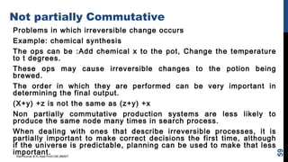 Not partially Commutative
Problems in which irreversible change occurs
Example: chemical synthesis
The ops can be :Add chemical x to the pot, Change the temperature
to t degrees.
These ops may cause irreversible changes to the potion being
brewed.
The order in which they are performed can be very important in
determining the final output.
(X+y) +z is not the same as (z+y) +x
Non partially commutative production systems are less likely to
produce the same node many times in search process.
When dealing with ones that describe irreversible processes, it is
partially important to make correct decisions the first time, although
if the universe is predictable, planning can be used to make that less
important.Ravi Kumar B N, Asst.Prof,CSE,BMSIT
59
 