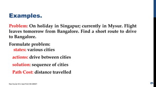 Examples.
Problem: On holiday in Singapur; currently in Mysur. Flight
leaves tomorrow from Bangalore. Find a short route to drive
to Bangalore.
Formulate problem:
states: various cities
actions: drive between cities
solution: sequence of cities
Path Cost: distance travelled
Ravi Kumar B N, Asst.Prof,CSE,BMSIT
9
 