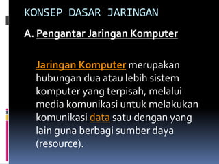 KONSEP DASAR JARINGAN
A. Pengantar Jaringan Komputer
Jaringan Komputer merupakan
hubungan dua atau lebih sistem
komputer yang terpisah, melalui
media komunikasi untuk melakukan
komunikasi data satu dengan yang
lain guna berbagi sumber daya
(resource).

 