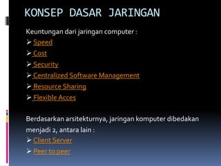 KONSEP DASAR JARINGAN
Keuntungan dari jaringan computer :
 Speed
 Cost
 Security
 Centralized Software Management
 Resource Sharing
 Flexible Acces
Berdasarkan arsitekturnya, jaringan komputer dibedakan
menjadi 2, antara lain :
 Client Server
 Peer to peer

 