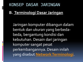 KONSEP DASAR JARINGAN
B. Terminologi Dasar Jaringan
Jaringan komputer dibangun dalam
bentuk dan ukuran yang berbedabeda, bergantung kondisi dan
kebutuhan. Desain dari jaringan
komputer sangat pesat
perkembangannya. Desain inilah
yang disebut Network Terminologi.

 