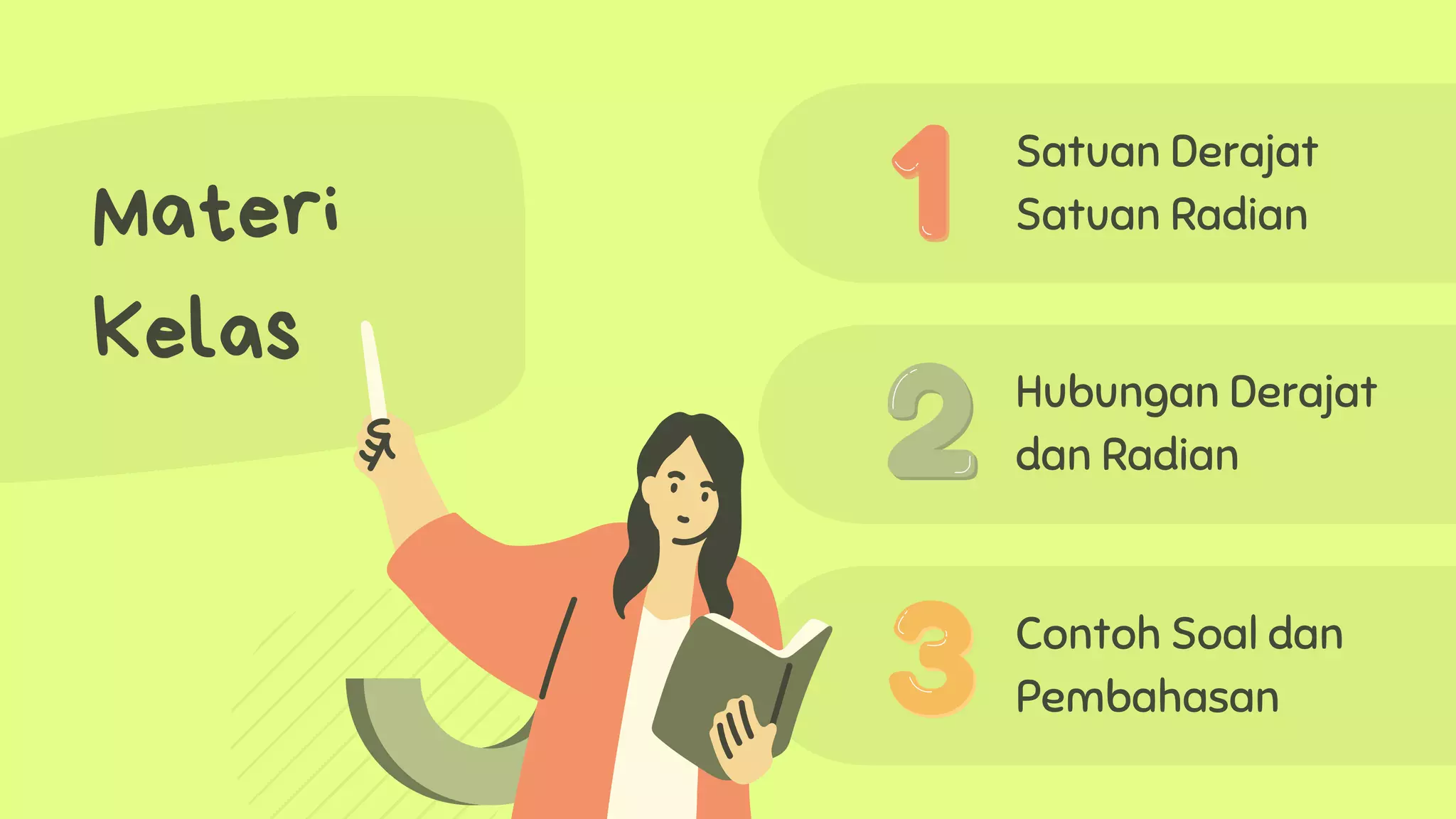 Materi
Kelas
Satuan Derajat
Satuan Radian
Hubungan Derajat
dan Radian
Contoh Soal dan
Pembahasan
