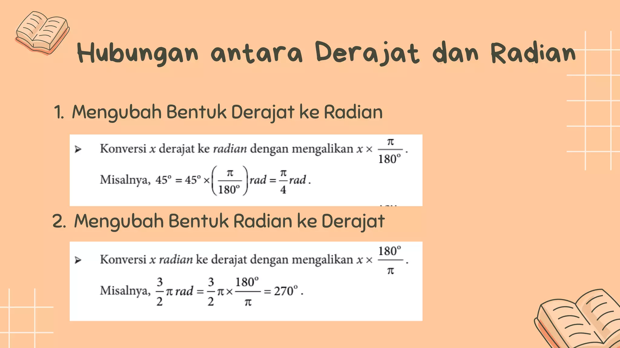Hubungan antara Derajat dan Radian
1. Mengubah Bentuk Derajat ke Radian
2. Mengubah Bentuk Radian ke Derajat