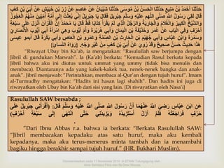 حَدَّثَنَا أَحْمَدٌُ بْنٌُ مَنِيع حٌَدَّثَنَا الْحَسَنٌُ بْنٌُ مُوسَى حَدَّثَنَا شَيٌْبَانٌُ عَنٌْ عَاصِ مٌ عَنٌْ زِ رٌ بْنٌِ حُبَيْ شٌ عَنٌْ أُبَ يٌ بِْنٌِ كَعْ بٌ 
قَالٌَ لَقِيٌَ رَسُولٌُ اللٌَِّّ صَلَّى اللَّهم عَلَيْهٌِ وَسَلَّمٌَ جِبْرِيلٌَ فَقَالٌَ يٌَا جِبْرِيلٌُ إِن ي بُعِثْتٌُ إِلَى أُمَّ ةٌ أُ مي ينٌَ مٌِنْهُمٌُ الْعَجُوزٌُ 
وَالشَّيْخٌُ الْكَبِيرٌُ وَالْغُلََمٌُ وَالْجَارِيَةٌُ وَالرَّجُلٌُ الَّذِي لَمٌْ يَقْرَأٌْ كِتَابًا قَطٌُّ قَالٌَ يَا مُحَمَّدٌُ إِنٌَّ الْقُرْآنٌَ أُنْزِلٌَ عٌَلَى سَبْعَةٌِ 
أَحْرُ فٌ وَفِي الْبَاب عَنٌْ عُمَرٌَ وَحُذَيْفَةٌَ بْنٌِ الْيَمَانٌِ وَأَبِي هُرَيْرَةٌَ وَأُ مٌ أَيُّوبٌَ وَهِيٌَ امْرَأَةٌُ أَبِي أَيُّوبٌَ الْأَنْصٌَارِ يٌِ 
وَسَمُرَةٌَ وَابْنٌِ عَبَّا سٌ وَأَبِي جُهَيْمٌِ بْنٌِ الْحَارِثٌِ بْنٌِ ال صمَّةٌِ وَعٌَمْرِو بْنٌِ الْعَاصٌِ وَأَبِي بَكْرَةٌَ قَالٌَ أَبمو عِيسَى 
هَذَا حَدِي ثٌ حَسَ نٌ صَحِي حٌ وَقَدٌْ رُوِيٌَ عَنٌْ أُبَ يٌ بِْنٌِ كَعْ بٌ مِنٌْ غَيْرٌِ وَجْ هٌ. }رَوَاهٌُ النَسائٌَِ{ 
“Riwayat Ubay bin Ka’ab, ia mengatakan: “Rasulullah saw berjumpa dengan 
Jibril di gundukan Marwah”. Ia (Ka’ab) berkata: “Kemudian Rasul berkata kepada 
Jibril bahwa aku ini diutus untuk ummat yang ummy (tidak bisa menulis dan 
membaca). Diantaranya ada yang kakek-kakek tua, nenek-nenek bangka dan anak-anak”. 
Jibril menjawab: “Perintahkan, membaca al-Qur’an dengan tujuh huruf”. Imam 
al-Turmudhy mengatakan: “Hadits ini hasan lagi shahih”. Dan hadits ini juga di 
riwayatkan oleh Ubay bin Ka’ab dari sisi yang lain. {Di riwayatkan oleh Nasa’i} 
Rasulullah SAWbersabda ; 
عَنٌِ ابْنٌِ عَبَّا سٌ رَضِيٌَ اللٌَُّّ عَنْهُمَا أَنٌَّ رَسُولٌَ اللٌَِّّ صَلَّى اللٌَُّّ عَلَيْهٌِ وَسَلَّمٌَ قَالٌَ: )أَقْرَأَنِي جِبْرِيلٌُ عَلَى 
حَرْ فٌ فَرَاجَعْتُهٌُ فَلَمٌْ أَزَلٌْ أَسْتَزِيدُهٌُ وَيَزِيدُنِي حَتَّى انْتَهٌَى إِلَى سَبْعَةٌِ أَحْرُ فٌ( 
. 
”Dari Ibnu Abbas r.a. bahwa ia berkata: “Berkata Rasulullah SAW: 
“Jibril membacakan kepadaku atas satu huruf, maka aku kembali 
kepadanya, maka aku terus-menerus minta tambah dan ia menambahi 
bagiku hingga berakhir sampai tujuh huruf.” (HR. Bukhari Muslim). 
Dipresentasikan pada 11 November 2014 di STAIM Tulungagung oleh : 
Ainis Sahdatul Fitria dan Ifa Dewi Masyta 
 