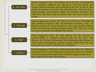4. Abu ‘Amr 
5. Hamzah 
6. Nafi’ 
7. Al-Kisa’i 
Nama lengkapnya Abu ‘Amr Zabban ibn al’A’la ibn ‘Ammar(68-154 
H). Ia membaca al-Qur’an dari Abu Ja’far Yazid ibn Qa’Qa’ dan 
Hasan al-Bashri membaca dari al-Haththan dan Abu al-Aliyah. Abu 
al-Aliyah membaca dari Umar ibn al-Khattab dan Ubay ibn Ka’ab. 
Kedua sahabat yang disebut terakhir ini membaca al-Qur’an dari 
Nabi SAW. Dan dua orang rawi qira’at Abu ‘Amr yaitu al-Duri dan 
al-Susi. 
Nama lengkapnya Hamzah ibn Hubayd ibn al-Ziyyat al-Kufi(80-156 
H)Ia membaca al-Qur’an dari ‘Ali Sulayman al-Amasy, Ja’far al- 
Shadiq, Hamran ibn A’yan, Manhal ibn ‘Amr, dan lain-lain. Mereka 
semua bersambung sanadnya kepada Nabi SAW. Dan dua orang 
rawi qira’at Hamzah yaitu Khallad dan Khalaf. 
Nama lengkapnya Nafi’ ibn Abd rahman ibn Abi Nu’yam al- 
Laysi(w.169H). ia membaca al-Qur’an dari Ali ibn Ja’far, Abd 
Rahman ibn Hurmuz Muhammad ibn Muhammad ibn Muslim al- 
Zuhri.mereka bersambung sanadnya kepada Nabi SAW. Dan dua 
orang rawi qira’at Nafi’ yaitu Warasyi dan Qalun. 
Nama lengkapnya Abu Hasan ‘Ali ibn Hamzah al-Kisa’i (w.187H). ia 
membaca al-Qur’an dari Hamzah, Syu’bah, Isma’il ibn Ja’far. Mereka 
bersambung sanadnya kepada Nabi. Dan dua orang rawi qira’at al- 
Kisa’i yaitu Al-Duri dan Abu al-Haris. 
Dipresentasikan pada 11 November 2014 di STAIM Tulungagung oleh : 
Ainis Sahdatul Fitria dan Ifa Dewi Masyta 
 