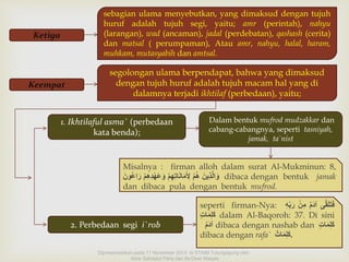 Ketiga 
sebagian ulama menyebutkan, yang dimaksud dengan tujuh 
huruf adalah tujuh segi, yaitu; amr (perintah), nahyu 
(larangan), wad (ancaman), jadal (perdebatan), qashash (cerita) 
dan matsal ( perumpaman), Atau amr, nahyu, halal, haram, 
muhkam, mutasyabih dan amtsal. 
Keempat 
segolongan ulama berpendapat, bahwa yang dimaksud 
dengan tujuh huruf adalah tujuh macam hal yang di 
dalamnya terjadi ikhtilaf (perbedaan), yaitu; 
1. Ikhtilaful asma` (perbedaan 
kata benda); 
Dalam bentuk mufrod mudzakkar dan 
cabang-cabangnya, seperti tasniyah, 
jamak, ta`nist 
Misalnya : firman alloh dalam surat Al-Mukminun: 8, 
وَالَّذِينٌَ هُمٌْ لِأَمَانَاتِهِمٌْ وَعَهْدِهِمٌْ رَاعُونٌَ dibaca dengan bentuk jamak 
dan dibaca pula dengan bentuk mufrod. 
2. Perbedaan segi i`rob 
seperti firman-Nya: فَتَلَقَّى آدَمٌُ مِنٌْ رَب هٌِ 
كَلِمَا تٌ dalam Al-Baqoroh: 37. Di sini 
آدَمٌُ dibaca dengan nashab dan كَلِمَا تٌ 
dibaca dengan rafa` .كَلِمَا تٌ 
Dipresentasikan pada 11 November 2014 di STAIM Tulungagung oleh : 
Ainis Sahdatul Fitria dan Ifa Dewi Masyta 
 