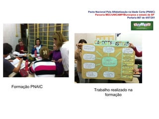 Pacto Nacional Pela Alfabetização na Idade Certa (PNAIC)
Parceria MEC/UNICAMP/Municípios e estado de SP
Portaria 867 de 4/07/201
Formação PNAIC
Trabalho realizado na
formação
 