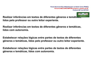 Pacto Nacional Pela Alfabetização na Idade Certa (PNAIC)
Parceria MEC/UNICAMP/Municípios e estado de SP
Portaria 867 de 4/07/201
Realizar inferências em textos de diferentes gêneros e temáticas,
lidos pelo professor ou outro leitor experiente.
Realizar inferências em textos de diferentes gêneros e temáticas,
lidos com autonomia.
Estabelecer relações lógicas entre partes de textos de diferentes
gêneros e temáticas, lidos pelo professor ou outro leitor experiente.
Estabelecer relações lógicas entre partes de textos de diferentes
gêneros e temáticas, lidos com autonomia.
 