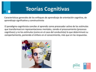 Teorías Cognitivas
Características generales de los enfoques de aprendizaje de orientación cognitiva, de
aprendizaje significativo y constructivista
El paradigma cognitivista concibe al aprendiz como procesador activo de los estímulos
que transformará en representaciones mentales, siendo el procesamiento (procesos
cognitivos) y no los estímulos (como en el caso del conductista) lo que determinará su
comportamiento, poniendo el énfasis en el conocimiento, más que en las respuestas.
 