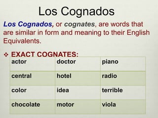 Los Cognados, or cognates, are words that
are similar in form and meaning to their English
Equivalents.
 EXACT COGNATES:
actor doctor piano
central hotel radio
color idea terrible
chocolate motor viola
Los Cognados
 