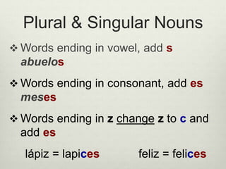 Plural & Singular Nouns
 Words ending in vowel, add s
abuelos
 Words ending in consonant, add es
meses
 Words ending in z change z to c and
add es
lápiz = lapices feliz = felices
 