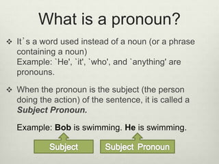 What is a pronoun?
 It’s a word used instead of a noun (or a phrase
containing a noun)
Example: `He', `it', `who', and `anything' are
pronouns.
 When the pronoun is the subject (the person
doing the action) of the sentence, it is called a
Subject Pronoun.
Example: Bob is swimming. He is swimming.
 