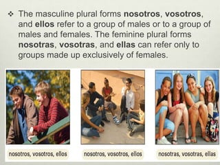 1.3-35
 The masculine plural forms nosotros, vosotros,
and ellos refer to a group of males or to a group of
males and females. The feminine plural forms
nosotras, vosotras, and ellas can refer only to
groups made up exclusively of females.
© by Vista Higher Learning, Inc.
All rights reserved.
 