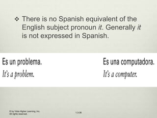 1.3-36
 There is no Spanish equivalent of the
English subject pronoun it. Generally it
is not expressed in Spanish.
© by Vista Higher Learning, Inc.
All rights reserved.
 