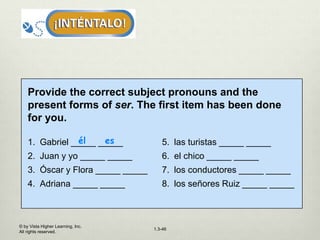 1.3-46
Provide the correct subject pronouns and the
present forms of ser. The first item has been done
for you.
1. Gabriel _____ _____
2. Juan y yo _____ _____
3. Óscar y Flora _____ _____
4. Adriana _____ _____
5. las turistas _____ _____
6. el chico _____ _____
7. los conductores _____ _____
8. los señores Ruiz _____ _____
él es
© by Vista Higher Learning, Inc.
All rights reserved.
 