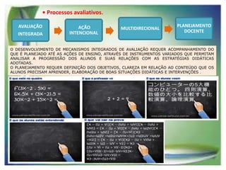 • Processos avaliativos.
AVALIAÇÃO
INTEGRADA

AÇÃO
INTENCIONAL

MULTIDIRECIONAL

PLANEJAMENTO
DOCENTE

O DESENVOLVIMENTO DE MECANISMOS INTEGRADOS DE AVALIAÇÃO REQUER ACOMPANHAMENTO DO
QUE É PLANEJADO ATÉ AS AÇÕES DE ENSINO, ATRAVÉS DE INSTRUMENTOS VARIADOS QUE PERMITAM
ANALISAR A PROGRESSÃO DOS ALUNOS E SUAS RELAÇÕES COM AS ESTRATÉGIAS DIDÁTICAS
ADOTADAS.
O PLANEJAMENTO REQUER DEFINIÇÃO DOS OBJETIVOS, CLAREZA EM RELAÇÃO AO CONTEÚDO QUE OS
ALUNOS PRECISAM APRENDER, ELABORAÇÃO DE BOAS SITUAÇÕES DIDÁTICAS E INTERVENÇÕES .

 