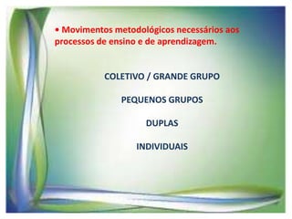 • Movimentos metodológicos necessários aos
processos de ensino e de aprendizagem.

COLETIVO / GRANDE GRUPO
PEQUENOS GRUPOS
DUPLAS

INDIVIDUAIS

 