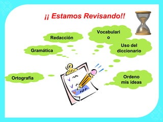 ¡¡ Estamos Revisando!!

                           Vocabulari
               Redacción       o
                                     Uso del
        Gramática                  diccionario




Ortografía                               Ordeno
                                        mis ideas
 