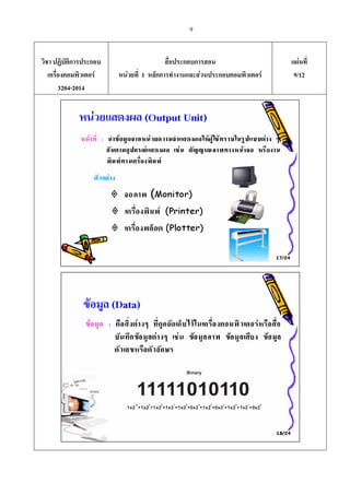 9
วิชา ปฏิบัติการประกอบ
เครื่องคอมพิวเตอร
3204-2014
สื่อประกอบการสอน
หนวยที่ 1 หลักการทํางานและสวนประกอบคอมพิวเตอร
แผนที่
9/12
 
