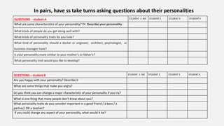 QUESTIONS - student A STUDENT 1: ME STUDENT 2 STUDENT 3 STUDENT 4
What are some characteristics of your personality? Or Describe your personality.
What kinds of people do you get along well with?
What kinds of personality traits do you hate?
What kind of personality should a doctor or engineer, architect, psychologist, or
business manager have?
Is your personality more similar to your mother’s or father’s?
What personality trait would you like to develop?
In pairs, have ss take turns asking questions about their personalities
QUESTIONS – student B STUDENT 1: ME STUDENT 2 STUDENT 3 STUDENT 4
Are you happy with your personality? Describe it
What are some things that make you angry?
Do you think you can change a major characteristic of your personality if you try?
What is one thing that many people don't know about you?
What personality traits do you consider important in a good friend / a boss / a
partner/ OR a teacher?
If you could change any aspect of your personality, what would it be?
 
