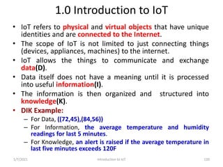 1.0 Introduction to IoT
• IoT refers to physical and virtual objects that have unique
identities and are connected to the ...